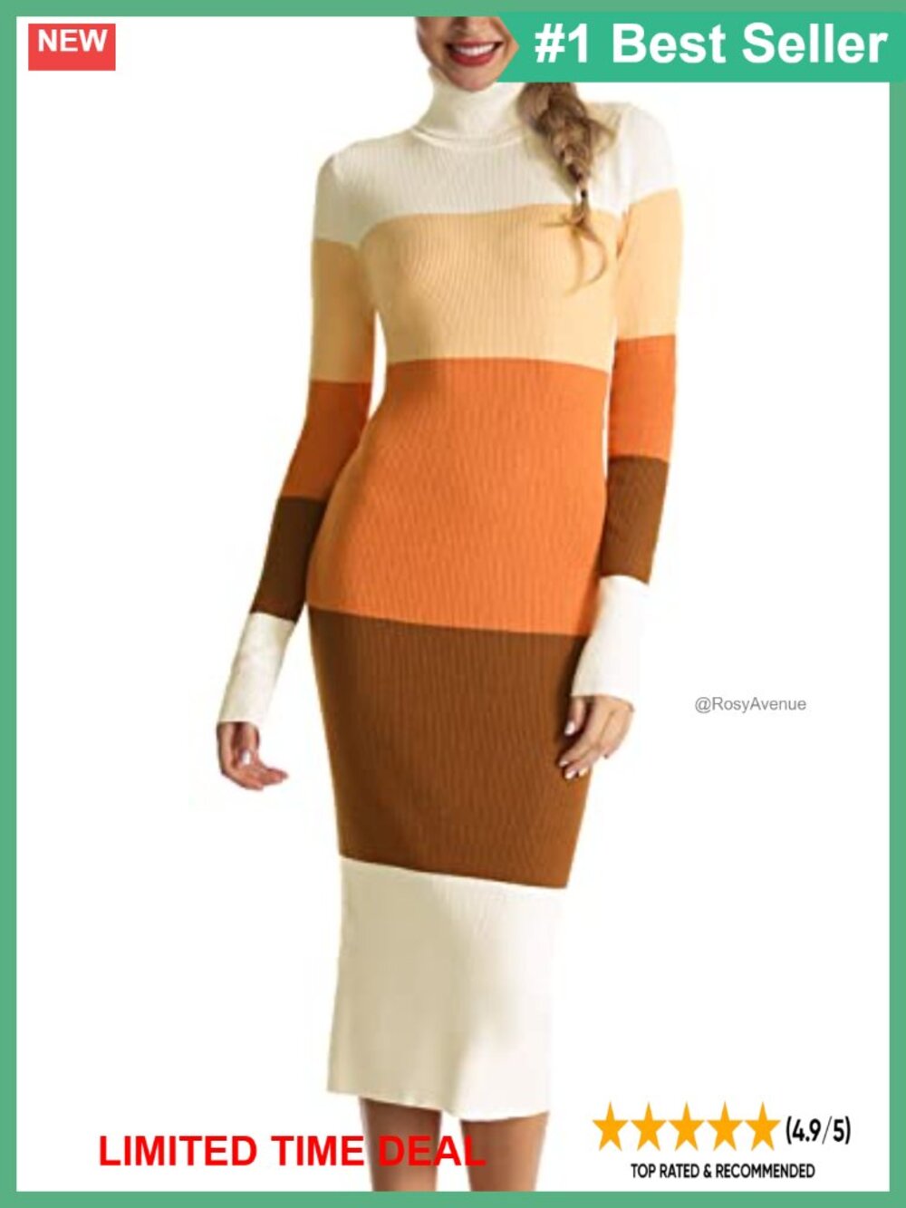 Turtleneck Ribbed Knit Midi Sweater Dress Long Sleeve Bodycon